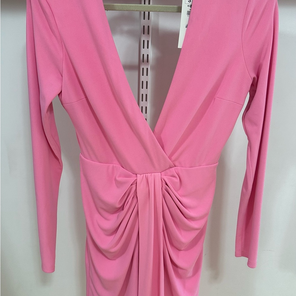 Zara Pink Long Sleeve Draped V-Neck Dress